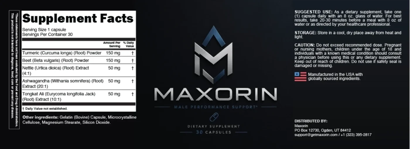 Maxorin Supplement Facts label with directions